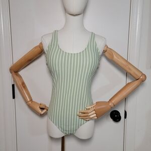 H&M Textured Sage Green & White Pinstripe Modest Swimsuit Size Medium